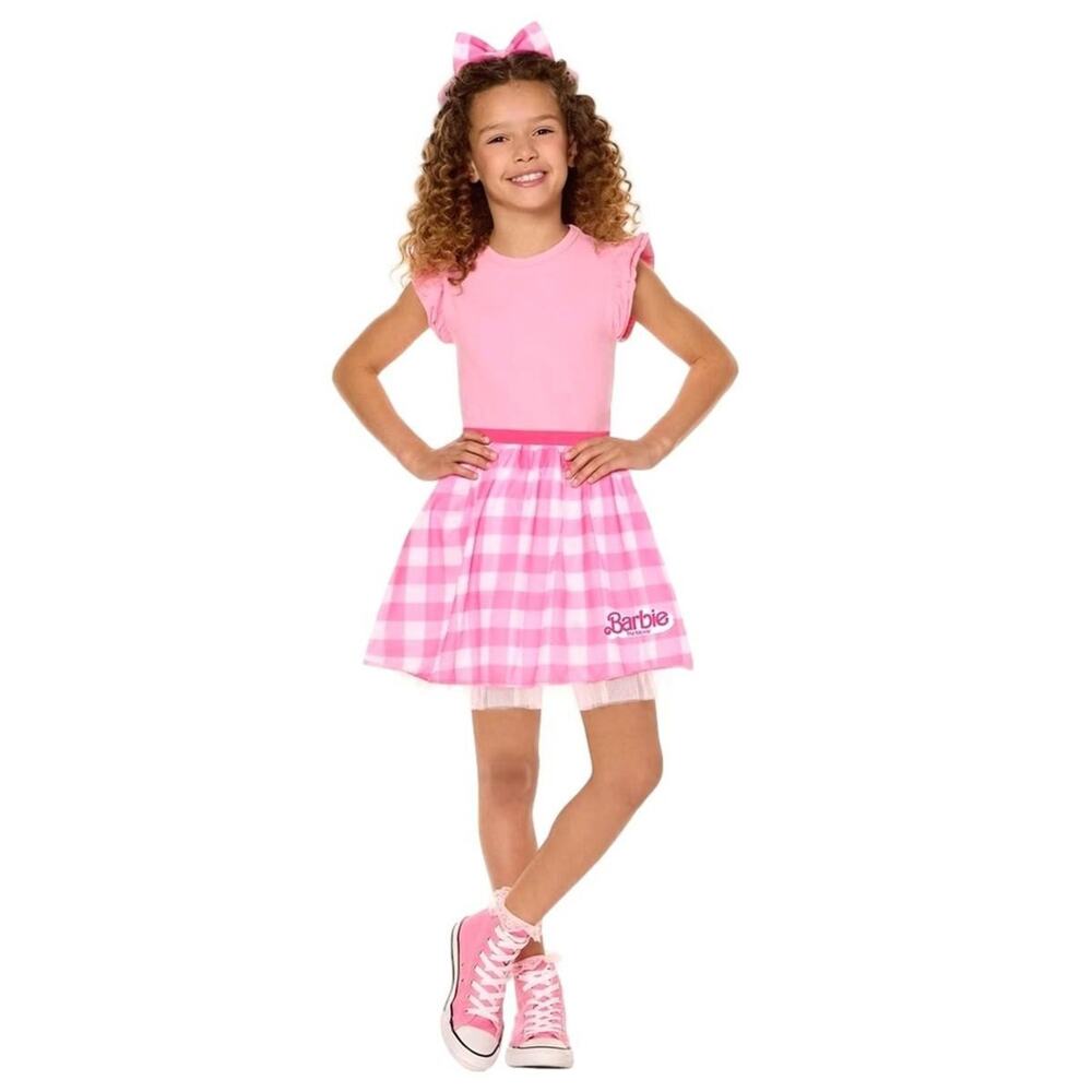 Barbie Girls Pink Gingham Tutu Costume Dress Halloween L/XL NWT With Bow